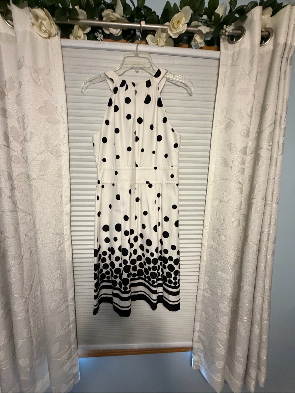 Liz Claiborne White Midi Dress with Black Polka Dot & Stripes on Hem